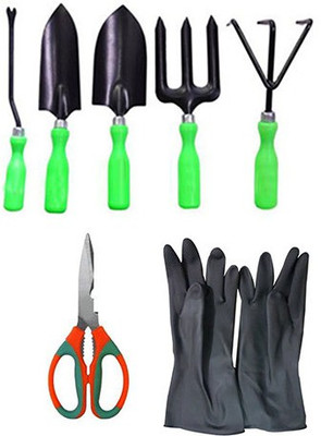 IBEX Gardening Tools Set of 5 with Scissor and Gloves Black Garden Tool Kit(7 Tools)