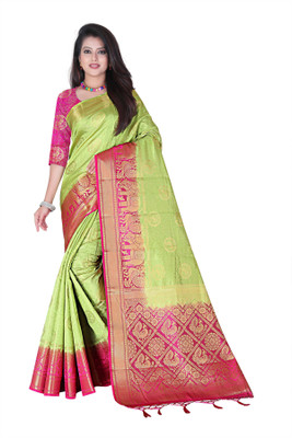 Hensi sarees shop Self Design, Ombre, Striped, Animal Print, Solid/Plain, Checkered Banarasi Jacquard, Art Silk Saree(Light Green)