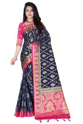 Hensi sarees shop Self Design, Ombre, Striped, Animal Print, Solid/Plain, Checkered Banarasi Jacquard, Art Silk Saree(Dark Blue)