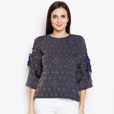 MODA ELEMENTI Casual Bell Sleeve Self Design Women Blue Top