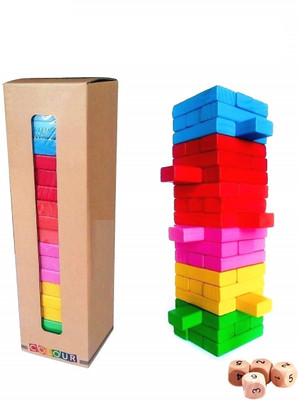 jmv 54 Pcs Blocks with Dice Wooden Tumbling Stacking Building Tower Game(Multicolor)
