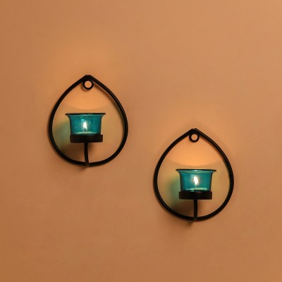 Flipkart SmartBuy Set of 2 Decorative Black Drop Wall Sconce/Candle Holder with Turquoise Glass and Free T-Light Candles Iron 2 - Cup Tealight Holder Set(Black, Blue, Pack of 1)