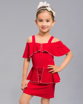 ADDYVERO Indi Girls Short/Mid Thigh Casual Dress(Red, Half Sleeve)