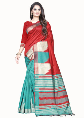 Ratnavati Geometric Print Bollywood Silk Blend, Cotton Blend Saree(Red, Green)
