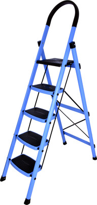 IMPULSE Steel Folding 5 Step Ladder for Home - 5 Wide Anti Skid Steps (Blue & Black) Steel Ladder(With Platform)