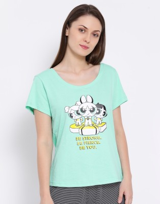 Clovia Graphic Print Women Round Neck Green T-Shirt