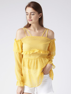KASSUALLY Casual Cold Shoulder Self Design Women Yellow Top