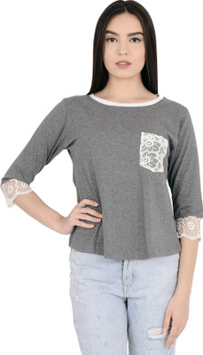 Fabx Casual 3/4 Sleeve Self Design Women Grey Top