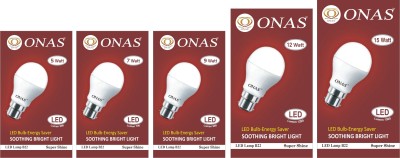 Onas 5 W, 7 W, 9 W, 12 W, 15 W Standard B22 LED Bulb(White, Pack of 5)