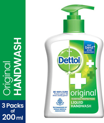 DETTOL Liquid Handwash Pump, Original Hand Wash Pump Dispenser (3 x 200 ml)