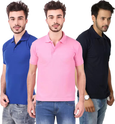 KEOTI Solid Men Polo Neck Dark Blue, Blue, Pink T-Shirt