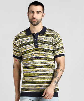 United Colors of Benetton Striped Men Polo Neck Dark Blue, Yellow T-Shirt