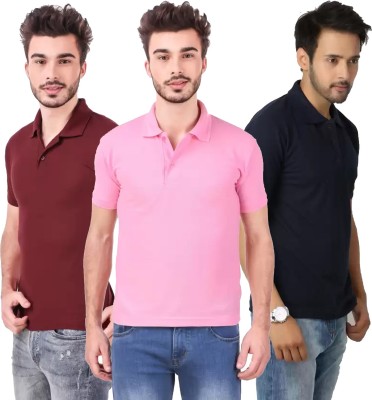 KEOTI Self Design, Solid Men Polo Neck Dark Blue, Maroon, Pink T-Shirt