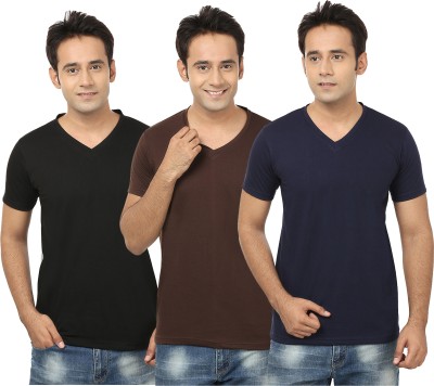 Jangoboy Solid Men V Neck Brown, Black T-Shirt