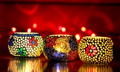 Craft Junction Handmade Mosaic Tealight Set of 3 Candle Light Colorful For Night View Glass 3 - Cup Tealight Holder Set(Multicolor, Pack of 3)