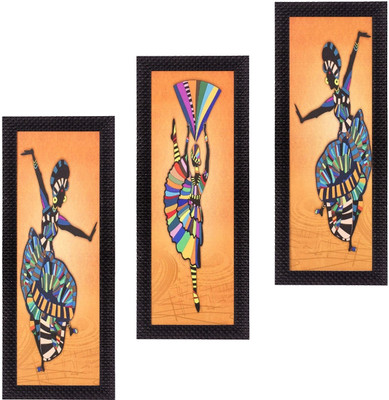 eCraftIndia Set Of 3 Abstract Dancing Lady Satin Matt Texture UV Ink 16 inch x 21 inch Painting(With Frame, Pack of 3)