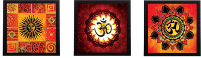 eCraftIndia Set Of 3 Om and Sun Satin Matt Texture UV Ink 10 inch x 10 inch Painting(With Frame, Pack of 3)