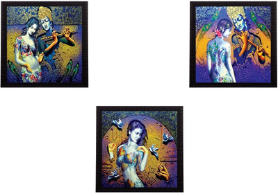eCraftIndia Set of 3 Abstract Radha Krishna Satin Matt Texture UV Ink 10 inch x 10 inch Painting(With Frame, Pack of 3)