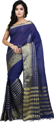 Mystory Self Design Handloom Cotton Blend Saree(Blue)