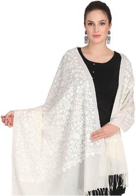 Tweedle Pure Wool Embroidered Women Shawl(White)