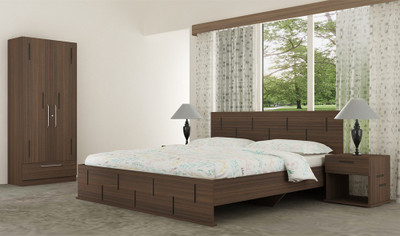 Akshni Engineered Wood Bed + Side Table + Wardrobe(Finish Color - Walnut, Knock Down)