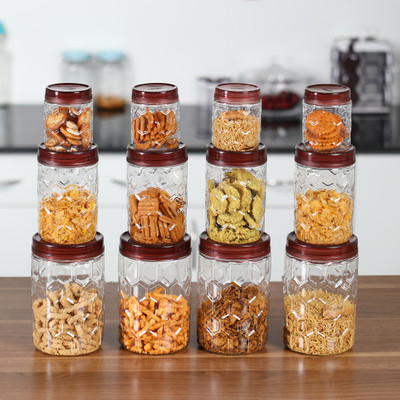 Milton Hexa Pet Jar - 270 ml, 665 ml, 1240 ml Plastic Grocery Container(Pack of 12, Clear, Brown)