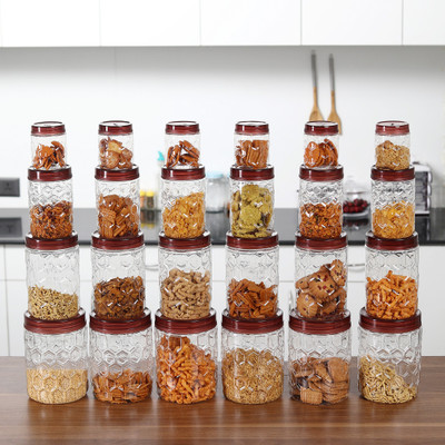 Milton Hexa Pet Jar - 300 ml, 750 ml, 1400 ml, 2000 ml Plastic Spice Container(Pack of 24, Clear, Brown)