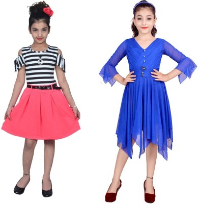 SKY HEIGHTS Girls Midi/Knee Length Casual Dress(Multicolor, Short Sleeve)