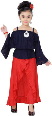 FASHION FLY Girls Party(Festive) Top Skirt(Red)