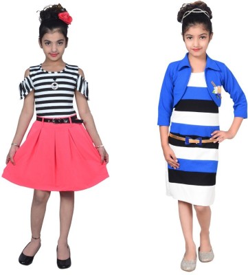 SKY HEIGHTS Girls Midi/Knee Length Casual Dress(Multicolor, Short Sleeve)