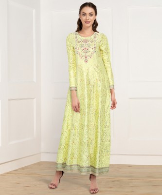 W Women Printed, Embroidered A-line Kurta(Green)