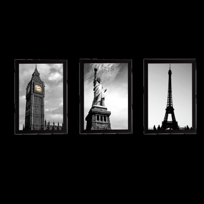 eCraftIndia Set Of 3 Clock Tower, Statue of Liberty and Effiel Tower Satin Matt Texture UV Ink 14 inch x 10 inch Painting(With Frame, Pack of 3)