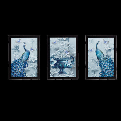 eCraftIndia Set Of 3 Artistic Peococks Satin Matt Texture UV Ink 14 inch x 30 inch Painting(With Frame, Pack of 3)