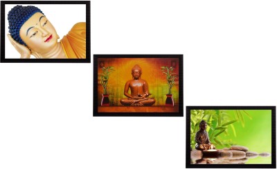 eCraftIndia Set Of 3 Forms Of Lord Buddha Satin Matt Texture UV Ink 14 inch x 42 inch Painting(With Frame, Pack of 3)