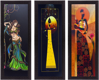 eCraftIndia Set of 3 Tribal Lady Satin Matt Texture UV Ink 16 inch x 7 inch Painting(With Frame, Pack of 3)