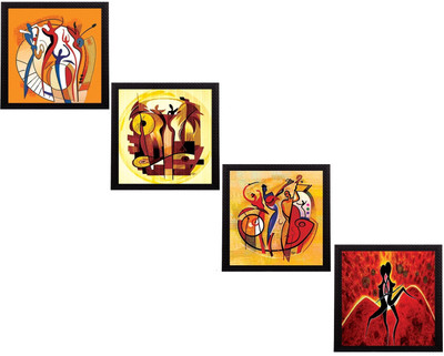 eCraftIndia Set Of 4 Abstract Figures Satin Matt Texture UV Ink 10 inch x 10 inch Painting(With Frame, Pack of 4)