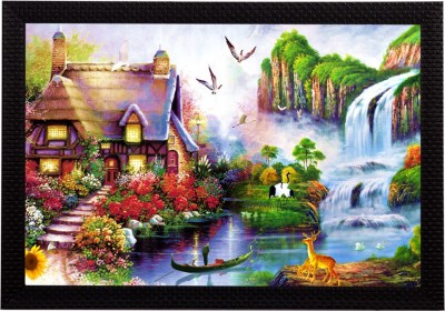 eCraftIndia Village Scenic View and Waterfall Satin Matt Texture UV Ink 11 inch x 14 inch Painting(With Frame)