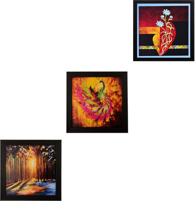 eCraftIndia Set Of 3 Abstract Designs Satin Matt Texture UV Ink 10 inch x 30 inch Painting(With Frame, Pack of 3)