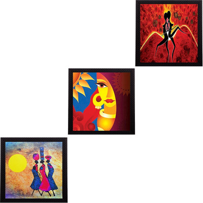eCraftIndia Set Of 3 Abstract Women Figures Satin Matt Texture UV Ink 10 inch x 30 inch Painting(With Frame, Pack of 3)