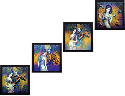 eCraftIndia Set Of 4 Abstract Radha Krishna Satin Matt Texture UV Ink 10 inch x 40 inch Painting(With Frame, Pack of 4)
