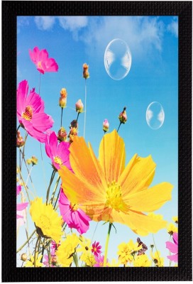 eCraftIndia Pink & Yellow Flower Matt Textured UV Ink 20 inch x 14 inch Painting(With Frame)