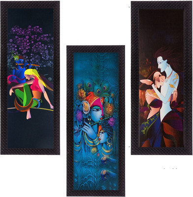 eCraftIndia Set Of 3 Radha Krishna Satin Matt Texture UV Ink 16 inch x 21 inch Painting(With Frame, Pack of 3)