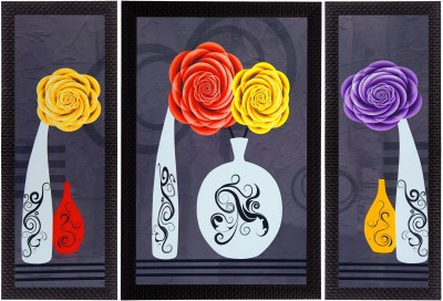 eCraftIndia Set Of 3 Vase With Flower Satin Matt Texture UV Ink 14 inch x 10 inch Painting(With Frame, Pack of 3)