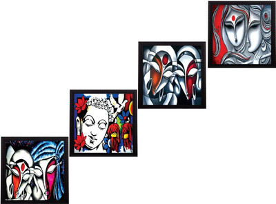 eCraftIndia Set Of 4 Abstract Radha Krishna Satin Matt Texture UV Ink 10 inch x 40 inch Painting(With Frame, Pack of 4)