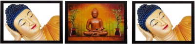 eCraftIndia Set Of 3 Holu Lord Buddha Satin Matt Texture UV Ink 14 inch x 30 inch Painting(With Frame, Pack of 3)