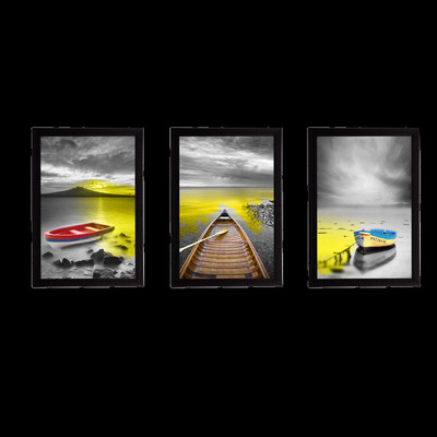 eCraftIndia Set Of 3 Colorful Boats Satin Matt Texture UV Ink 14 inch x 10 inch Painting(With Frame, Pack of 3)