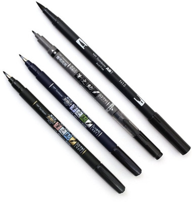 Tombow Fudenosuke Pen Combo - Hard (GCD-111), Soft (GCD-112), Dual Brush(GCD-121) and Dual Pen Black (N15) Marker Ink(Pack of 4, Ink Color - Black)