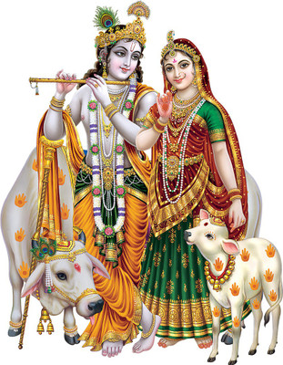 god & god's 53 cm Cow With Radha Krishna Modern Art 166 Self Adhesive Sticker(Pack of 1)