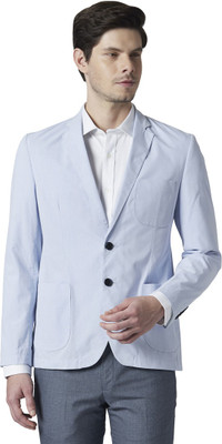 Park Avenue Solid Single Breasted Casual Men Blazer(Light Blue)