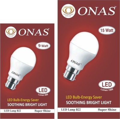 Onas 9 W, 15 W Standard B22 LED Bulb(White, Pack of 2)